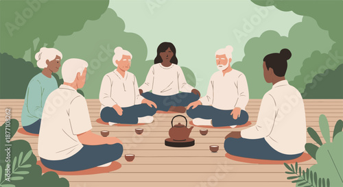 Diverse individuals engage in a serene outdoor tea ceremony, fostering community and mindful connection amidst nature's tranquility and shared wellness practice