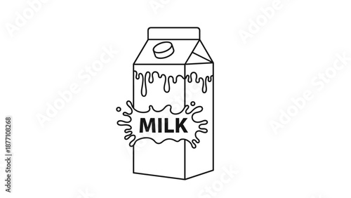 Black and white line art illustration of a milk carton with the word MILK and a decorative splashing pattern for grocery design.