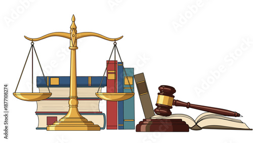 Legal concept illustration featuring golden justice scales, law books, a gavel, and an open book on a white background.