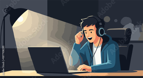 Young person wearing headphones and smiling while working on a laptop in a dimly lit room with a desk lamp illuminating the scene