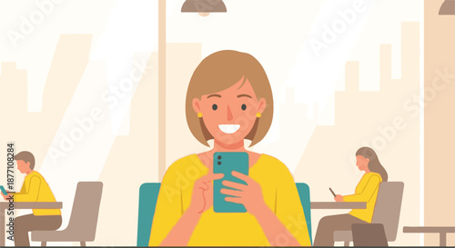 Smiling woman happily using her smartphone in a modern cafe, illustrating the ubiquitous presence of mobile technology and digital communication in everyday social environments