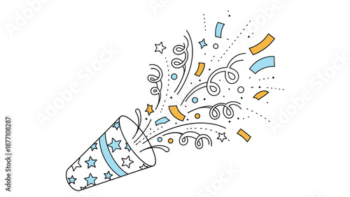 Blue party popper with white stars shooting out a mix of colorful confetti and streamers for festive occasions and parties.