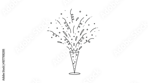 Minimalist black and white line art of a champagne glass with celebratory confetti and streamers bursting out of it.