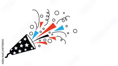 Festive party popper illustration with colorful confetti and streamers bursting out for New Years Eve and birthday celebrations.