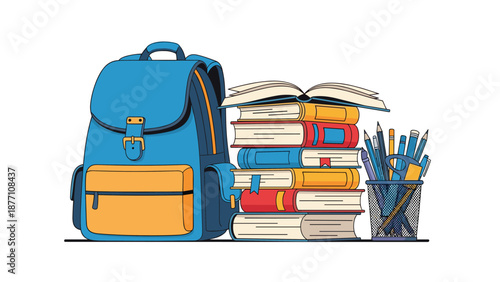Blue school backpack positioned next to an organized stack of colorful textbooks and a container filled with various pens and pencils.