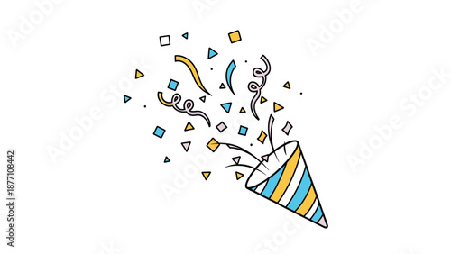 Colorful party popper releasing a variety of geometric confetti and swirling streamers against a clean white background for events.