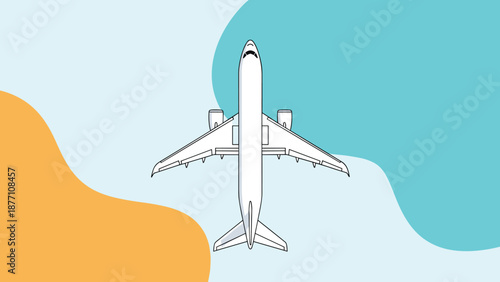 Top down view of a commercial airplane flying over a minimalist background with teal and orange organic shapes on light blue.