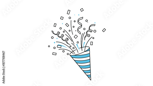 Simple blue party popper with striped patterns bursting with confetti and wavy streamers to celebrate birthdays and special events.