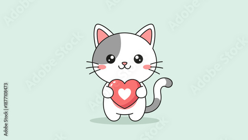 Adorable Cartoon Cat Holding Heart Shape.