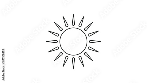 Minimalist black line drawing of a sun with many sharp rays extending outward representing summer weather and bright daylight hours.