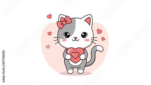 Adorable Cartoon Cat Holding Heart Shape.