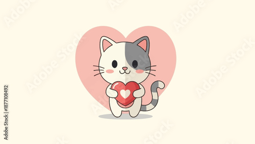 Adorable Cartoon Cat Holding Heart Shape.