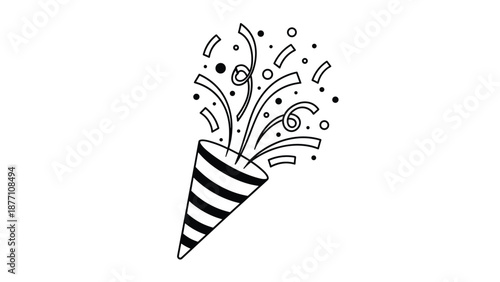 Black and white line art of a striped party popper with confetti and curly streamers perfect for coloring or simple designs.