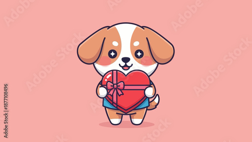Adorable Cartoon Puppy Holding Heart Gift.