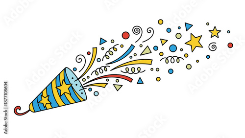 Colorful party popper illustration releasing a burst of stars and confetti for a vibrant celebration or announcement graphic.