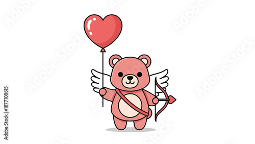 Cartoon Teddy Bear with Heart Balloon and Arrow.