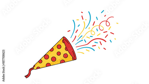 Yellow party popper with red polka dots bursting with colorful confetti and streamers to celebrate birthdays and festive parties.