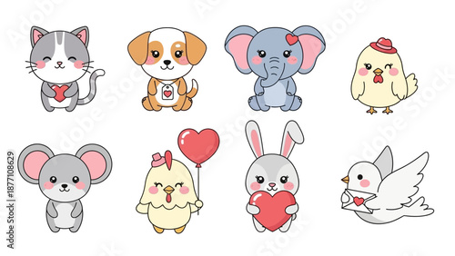 Cute Cartoon Animals with Hearts and Love.