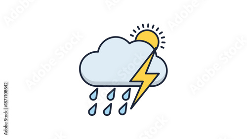 Simple weather icon showing a rain cloud with blue droplets and a yellow sun partially hidden with a lightning bolt striking.