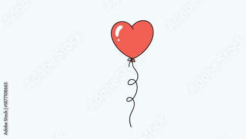 Simple red heart shaped balloon floating on a string against a light blue background representing love and celebratory sentiments.
