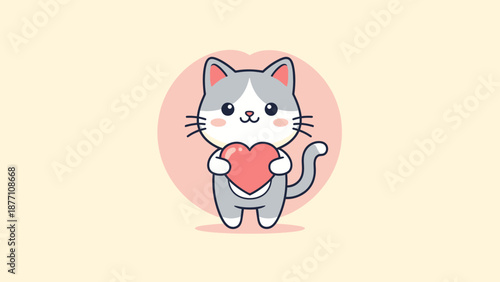 Gray Cat Holding Red Heart Illustration.