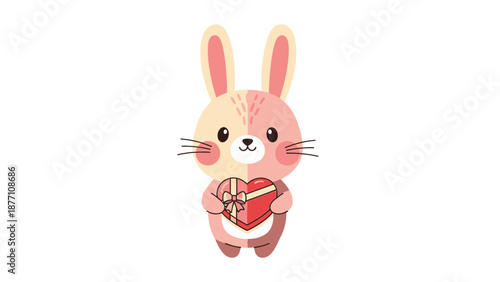 Pink Cartoon Bunny Holding Red Heart.
