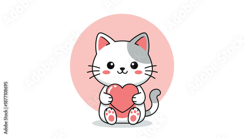 White Cat Holding Heart Illustration.