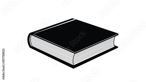 Simple black and white illustration of a thick closed hardcover book viewed from an isometric perspective on a white background.