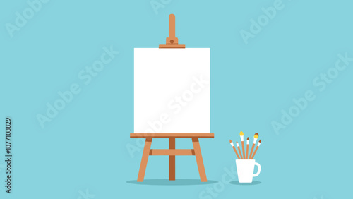 Blank white canvas resting on a wooden easel with a cup of various paintbrushes on a light blue background for art students.