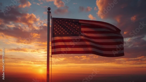American Flag on Flagpole at Sunset for Independence Day
