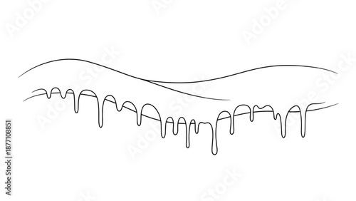 Minimalist black line art illustration of icicles or a melting substance dripping from a wavy edge on a clean white background.