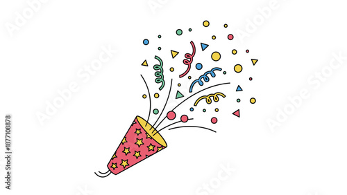 Hand-drawn style colorful party popper with stars and circular confetti celebrating a special occasion or holiday event.