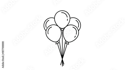 Black and white line art of a bunch of five balloons tied together with strings for birthday and celebration coloring pages.