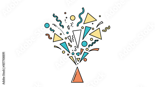 Geometric confetti and streamers exploding from a central point in a colorful flat design for festive party decorations.