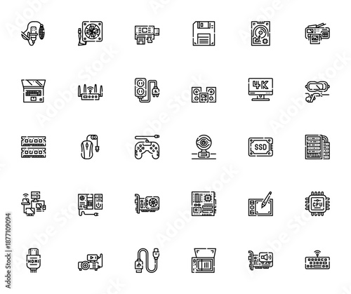 Computer Hardware icon set. Minimal vector icons pack. Includes microphone, fan, hard disk, laptop, monitor, server, keyboard and more. Editable stroke.