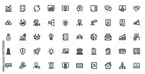 Business Finance icon set. Minimal vector icons pack for investment, strategy, growth and more. Includes chart, handshake, money, rocket, team, presentation.