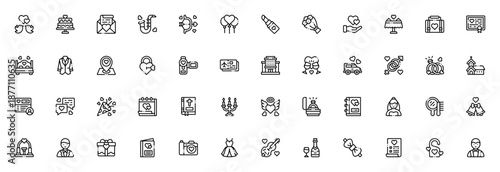 Wedding icon set. Vector illustration pack with symbols for bride, groom, ring, cake, church, bouquet, love and more. Minimal linear icons collection.