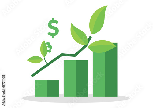 Green Growth Finance: Growing Plant Chart with Upward Trend and Dollar Symbols