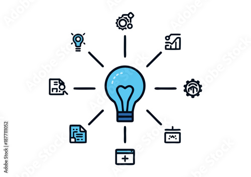 Creative Lightbulb Hub: Central Idea, Network of Icons, and Idea Generation Concept