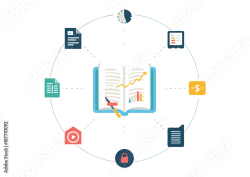 Educational Finance Concepts: Open Book with Icons and Digital Learning Tools