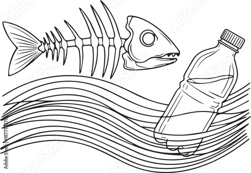 A powerful line art illustration of a fish skeleton floating in wavy water alongside a discarded plastic bottle, symbolizing the deadly impact of marine pollution.