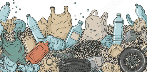 A detailed vector illustration of a massive landfill containing assorted plastic bottles, discarded bags, old tires, and general refuse, highlighting the global waste crisis.