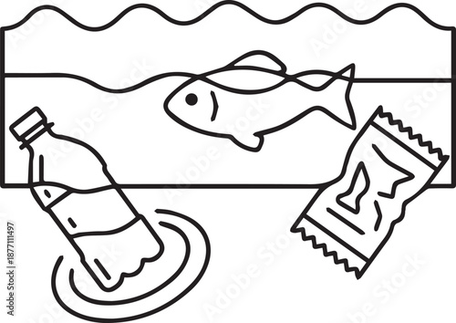 A minimalist line drawing depicts a fish swimming in water contaminated with plastic bottles and food packaging, highlighting the impact of ocean pollution on marine life.