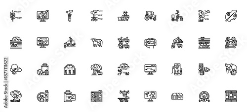 Smart farm icon set. Agriculture vector icons pack. Includes symbols for tractor, drone, greenhouse, irrigation, crop monitoring, weather, and more. Editable stroke.