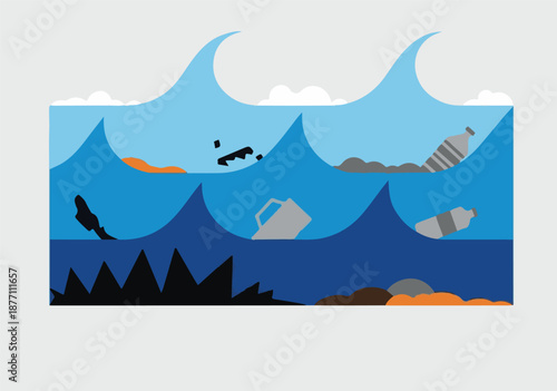 A cross-section illustration of ocean waves filled with various types of trash, including plastic bottles and debris. It highlights the critical issue of marine pollution and waste in our seas.