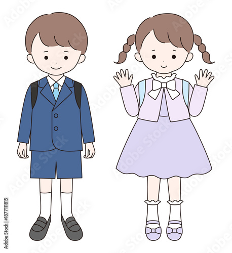 入学式にフォーマルな服装をしたかわいい子供達のベクターイラスト。男の子、女の子、小学生