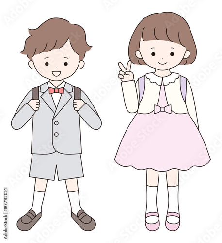 入学式にフォーマルな服装をしたかわいい子供達のベクターイラスト。男の子、女の子、小学生
