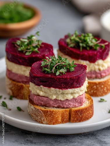 Wallpaper Mural Plant based party appetizers, A colorful, layered dish featuring beetroot, creamy spreads, and herbs served on slices of bread, showcasing gourmet presentation and fresh ingredients. Torontodigital.ca