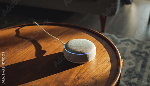 Smart Speaker Voice Assistant on Wooden Table