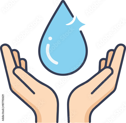 A minimalist line art illustration featuring a sparkling light-blue water droplet floating above two cupped, open hands, symbolizing water care and conservation.